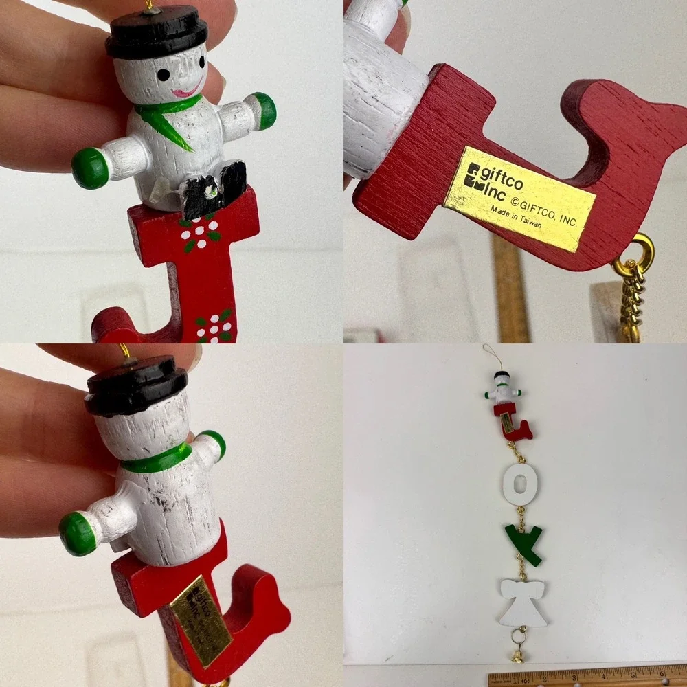 Vtg Christmas Expressions Joy Wood Hanging Ornament‎ w Gold Accents Bell Snowman